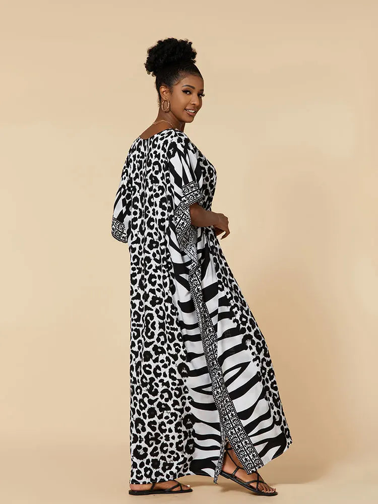 EDOLYNSA 2023 Bohemian Printed Loose Kaftan Casual Summer Vacation Maxi Dress Women Clothing Beach Wear Swim Suit Cover Up Q1469