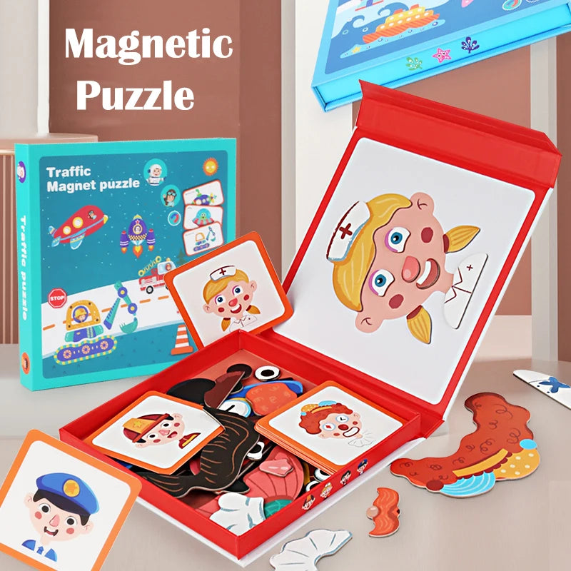 Magnetic Puzzles, Car Airplane Road Travel Activities Games For Children, Change Clothing, Change Face,Traffic Ocean Puzzles
