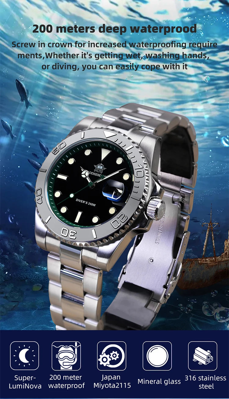 ADDIESDIVE Top Brand Mens Quartz Watches 41mm Stainless Steel Calendar Display Luxury Watch Luminous 200m Dive Casual Wristwatch