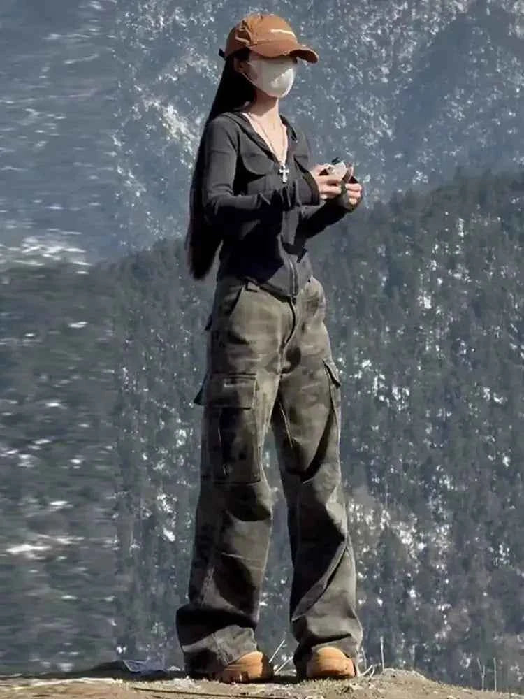 Y2k Clothes Jeans For Woman High Waist Flare Trousers Camouflage Cargo Wide Leg Straight Winter New Pants Slim Fit Fashion
