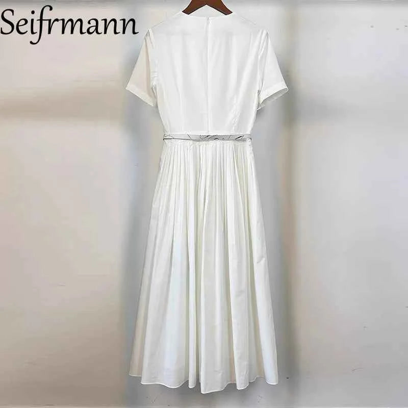 Seifrmann printed white background poplin dress 2025 autumn round neck short sleeved waist cinched long skirt belt dress