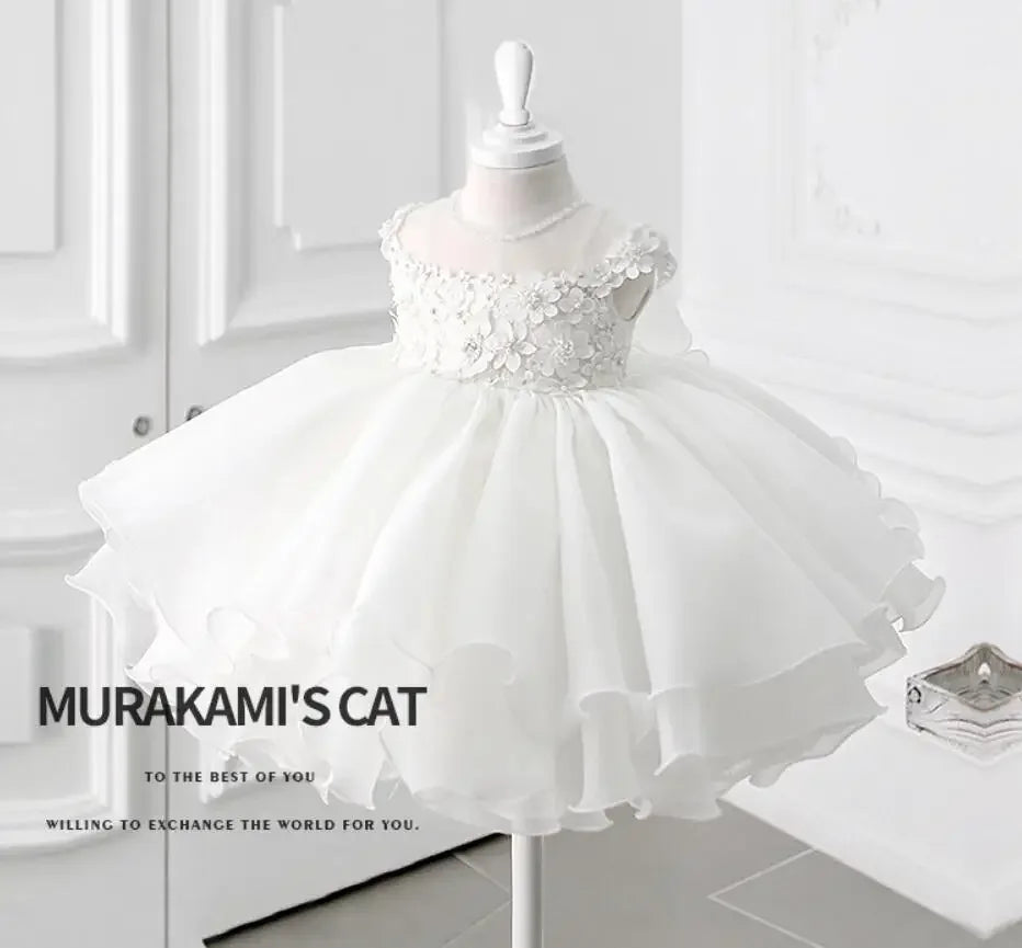 White Beading Baby Girl Baptism Dress Appliques Lace Holy Communion Toddler Birthday Party Wedding Wear Infant Christening Dress