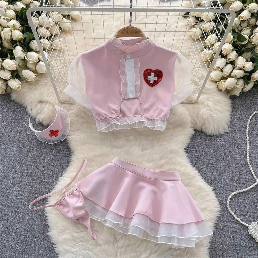 Summer Girls Sexy Hot Sweet Transparent Suspender Mini Dress Women Elastic Waist And Backless Strap Lolita Pajamas Bubble Skirt