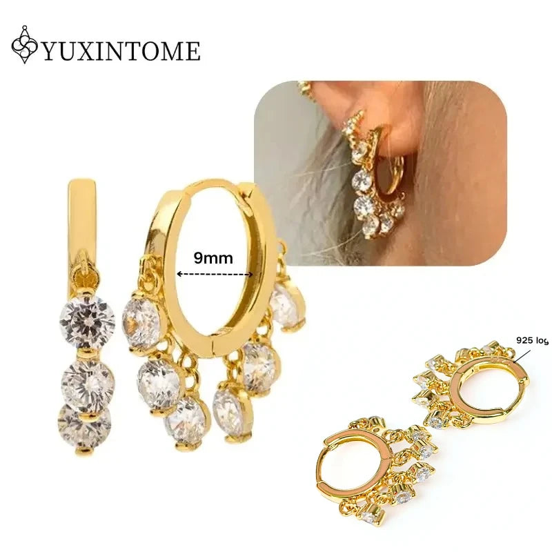 Women's 925 Sterling Silver Ear Needle Crystal Zircon Water Droplets Stud Hoop Gold Huggie Earrings Premium Luxury Party Jewelry
