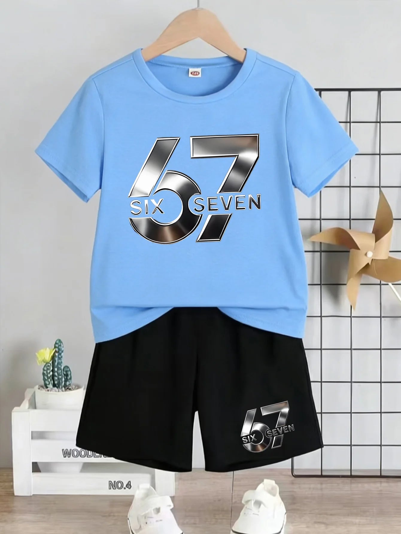 Boy And Girl 67 Six Seven Print Children's Set,Casual Fashionable Comfortable Versatile Short-Sleeved T-Shirt+Shorts 2-Piece Set