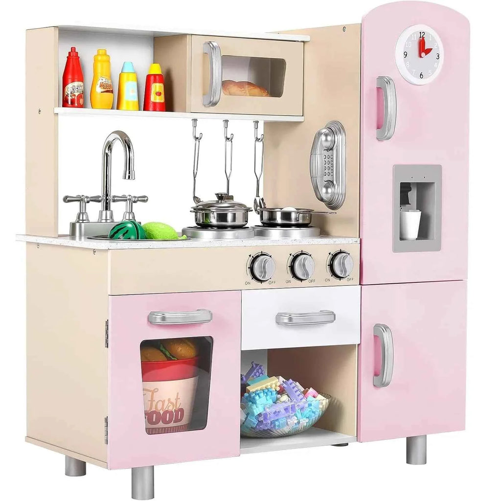 Wooden Play Kitchen Set Pretend Play Kitchen with Lights and Sounds for Kids Ages 3+, Includes Stove Oven Microwave Coffee Maker