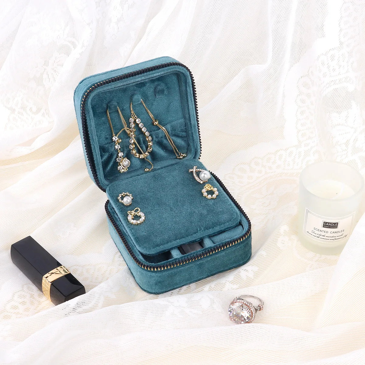 Rhombus Velvet Jewelry Box with Mirror Women Travel Portable Earrings Ring Necklace Storage Display Jewelry Organizer Box