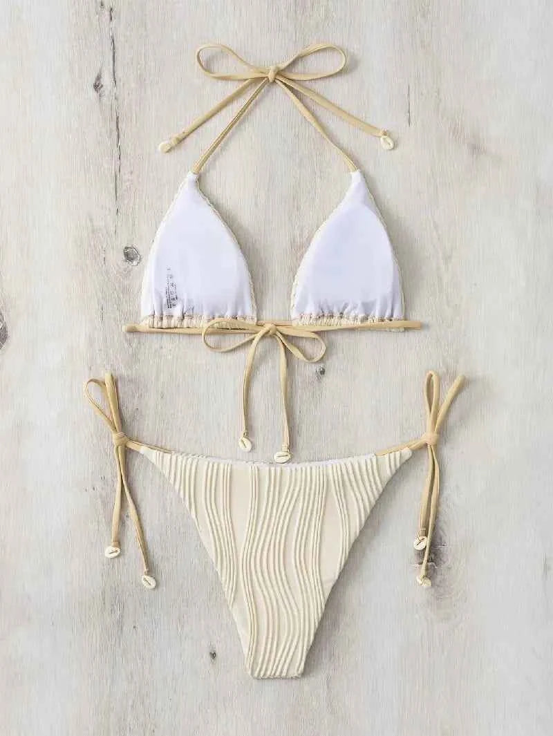 2025 New Tight Two-Piece Bikini Set Sexy Women Solid Halter Swimsuit Hollow Backless Swimwear Summer Push Up Beach Bathing Suit