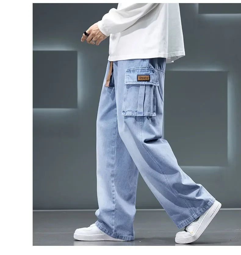 2026 New Wide Leg Washing Jean Pants Men Trousers Neutral Solid Color Loose Casual Fashion Pocket Cargo Pants Big Size 8XL