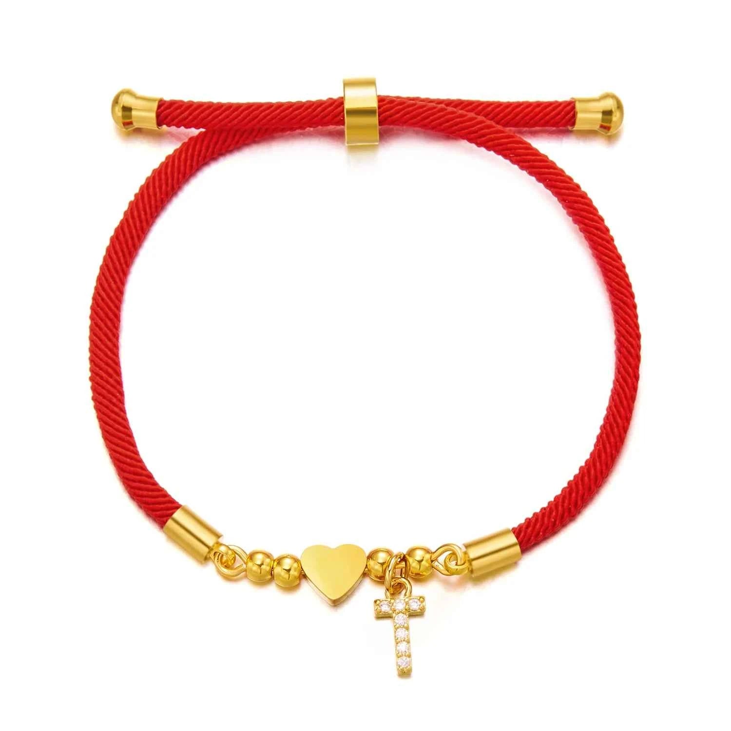 New Gold Stainless Steel Heart Initial Letter Bracelet - Red Rope Charm Jewelry for Men & Women, Lucky Gift
