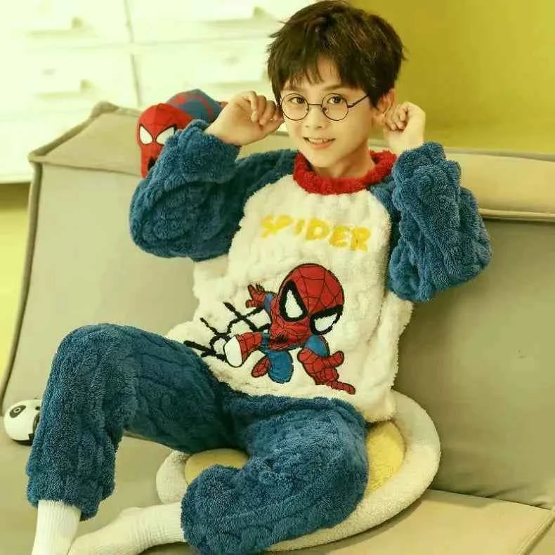 Winter Marvel Children Clothing Boys Sleepwear Set Flannel Thick Long Sleeve Warm Set Pajamas Two Pieces Kids Clothes