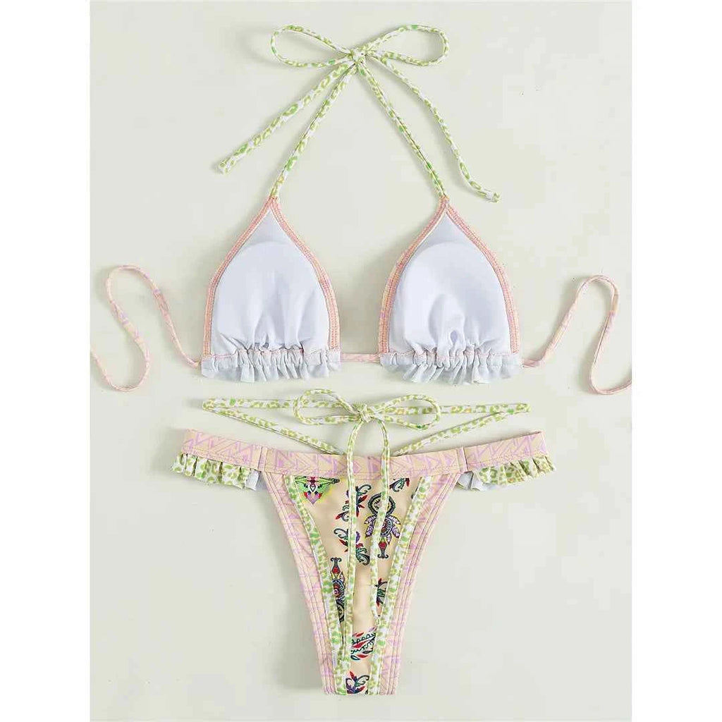 5 Colors Sexy Printed Halter Frilled Bikini Women Swimwear Female Swimsuit Two-pieces Bikini set Bather Bathing Suit Swim V4651