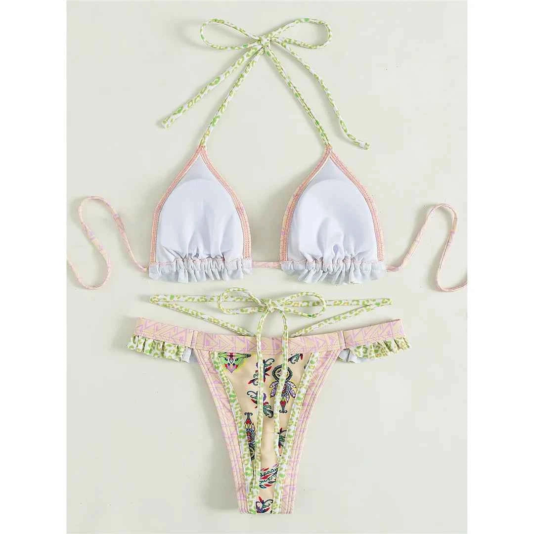 5 Colors Sexy Printed Halter Frilled Bikini Women Swimwear Female Swimsuit Two-pieces Bikini set Bather Bathing Suit Swim V4651