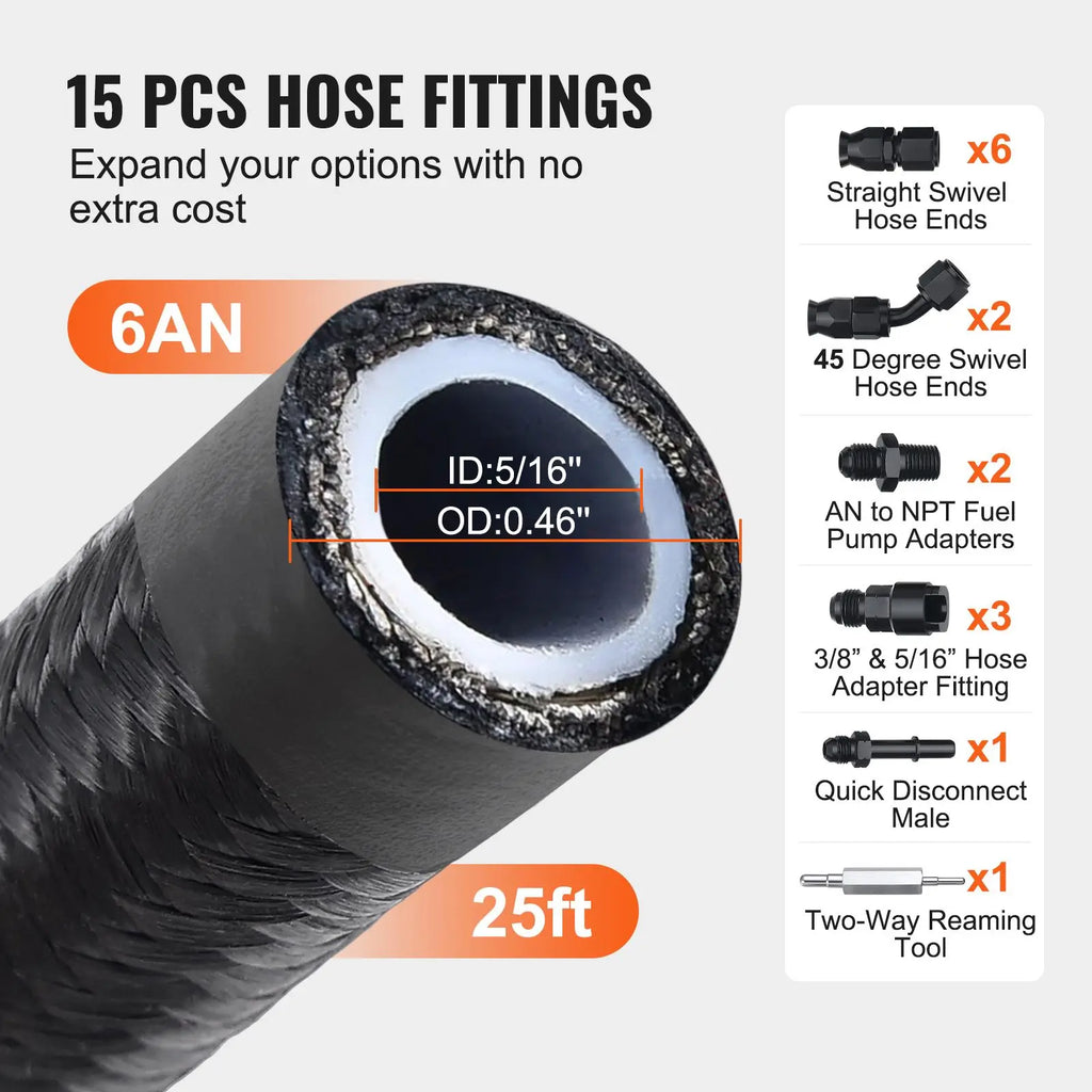 6AN 25 FT Fuel Line Kit with 5/16\" Nylon Stainless Steel Braided PTFE Fuel Hose E85/Oil/Gas/Diesel Fit Air Intake Hoses & Pipes