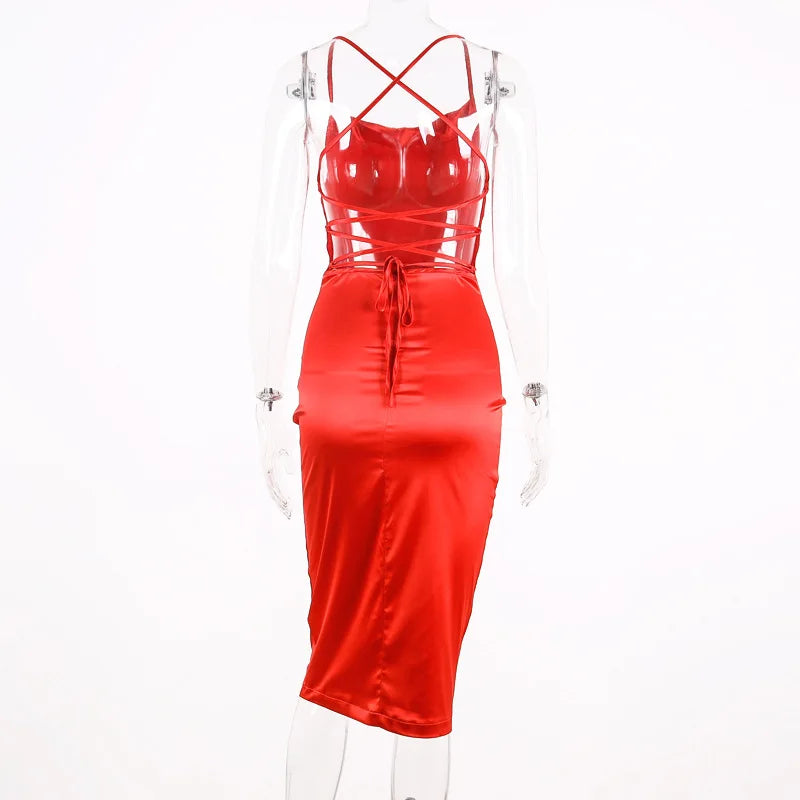 Sexy Slash Neck Back Cross Bandage Bodycon Dress Women Spaghetti Strap Solid Color Mid-calf Dress Elegant Club Party Vestidos