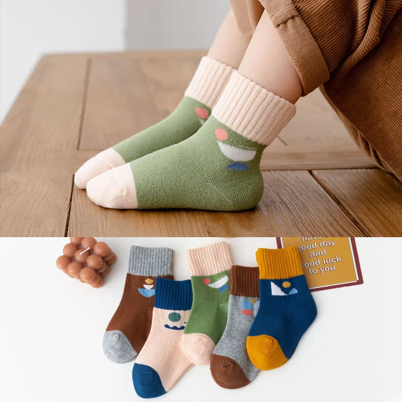 5 Pairs of Cute Cartoon Ankle Socks With Warm and Durable Stripes Designed for Comfortable Fall and Winter Wear