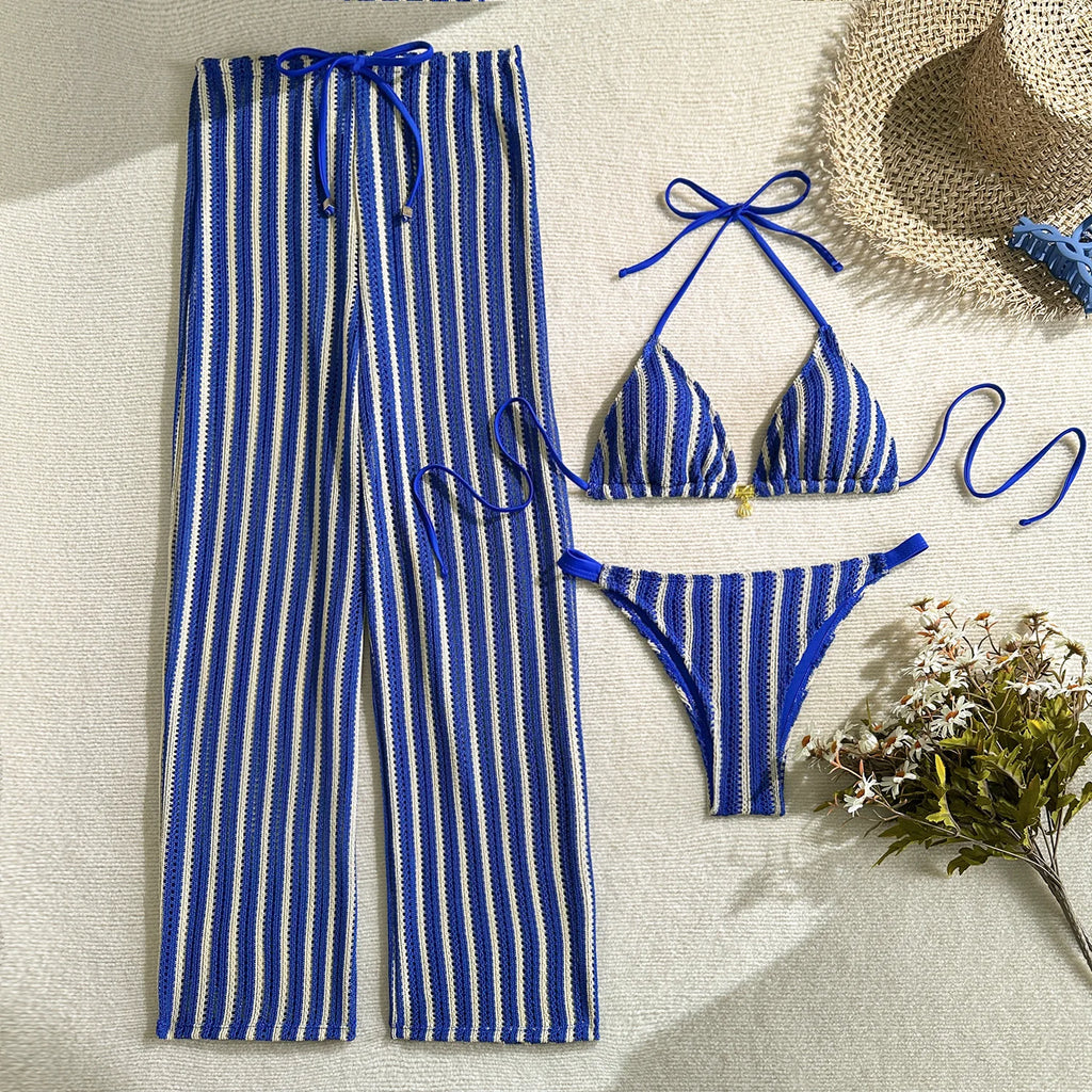 Vintage Red Striped Bikini Set 2026 Women Drawstring Long Panties 3 Piece Swimsuit Beach Holiday Bathing Suit Thong Swimwear