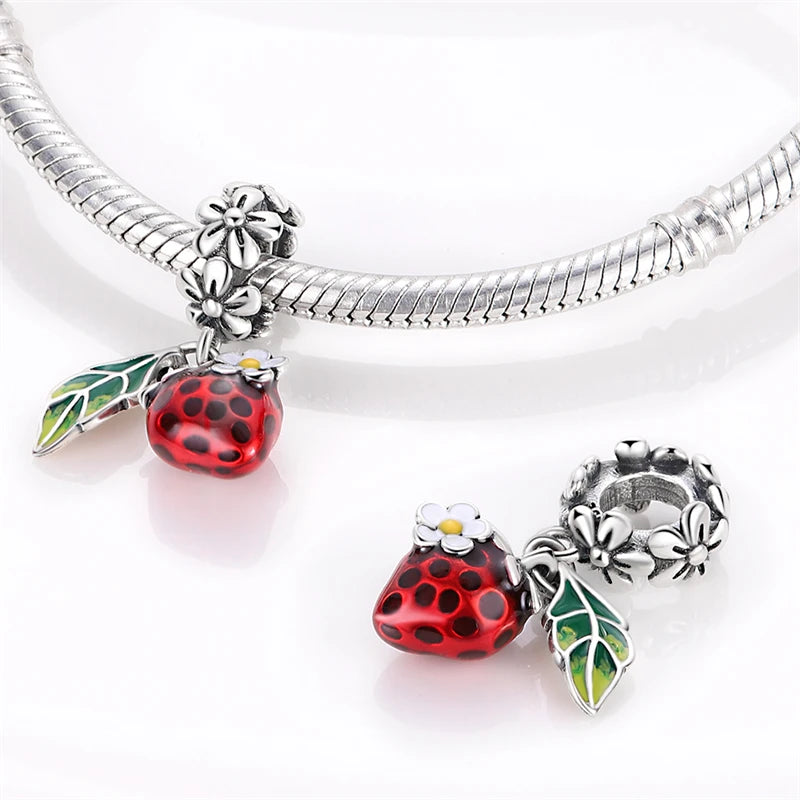 New 925 Silver Color Strawberry Cherry Fruit Series Charms Beads Fit 3mm 925 Original Bracelets DIY Birthday Jewelry Gifts