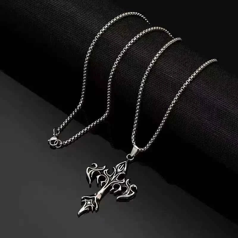 1PCS Fashion Retro Flame Cross Pendant Necklace Men's and Women's Long Chain Punk Gothic Fashion Accessories