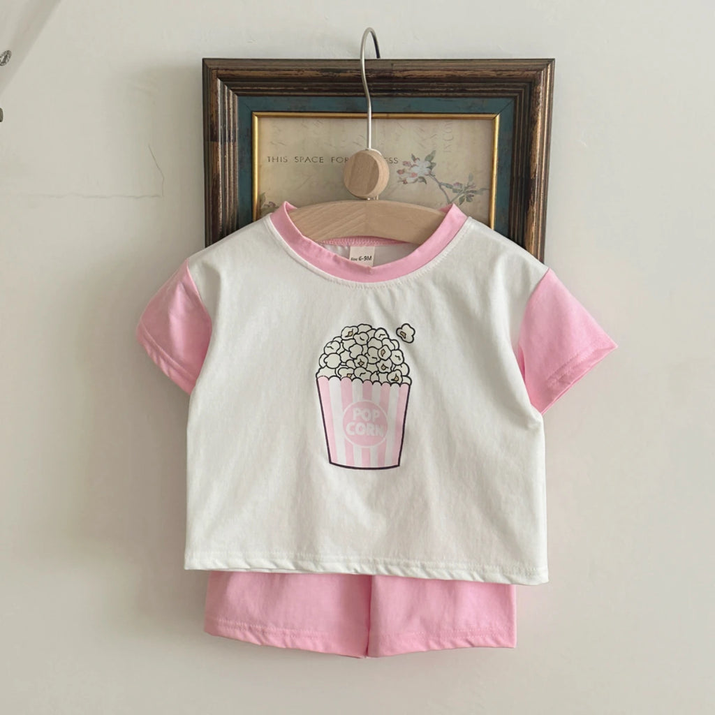 Infant 2PCS Summer Baby Girls Clothing Casual Newborn Set Cotton Popcorn Printed Short Sleeved T-shirt+Shorts