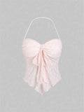 Bow knot Lace Halter Top for Women Summer Sexy Floral Pattern Off the Shoulder Backless V-neck Crop Top Y2K Clothes
