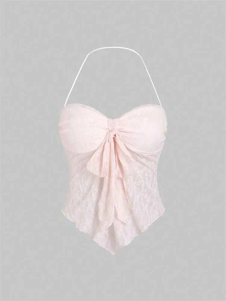 Bow knot Lace Halter Top for Women Summer Sexy Floral Pattern Off the Shoulder Backless V-neck Crop Top Y2K Clothes