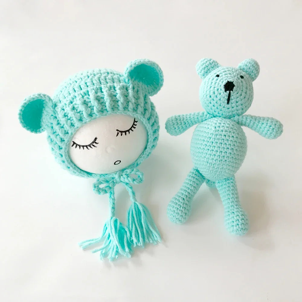 Newborn Photography Props Baby Bear Caps Rabbit Dolls Girls Boy Infant Baby Crochet Knitted Hat Photoshoot Accessories
