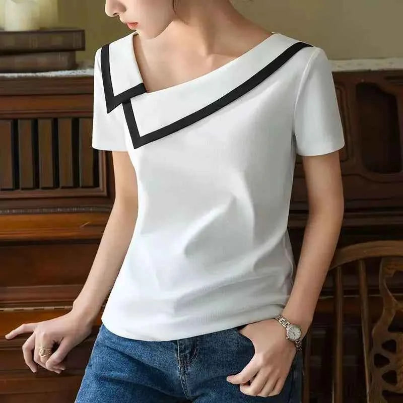 French Haute Couture Niche Design Black White Panelled Diagonal Neck Short Sleeved T-shirt Women's Patchwork Fashion Slim Top