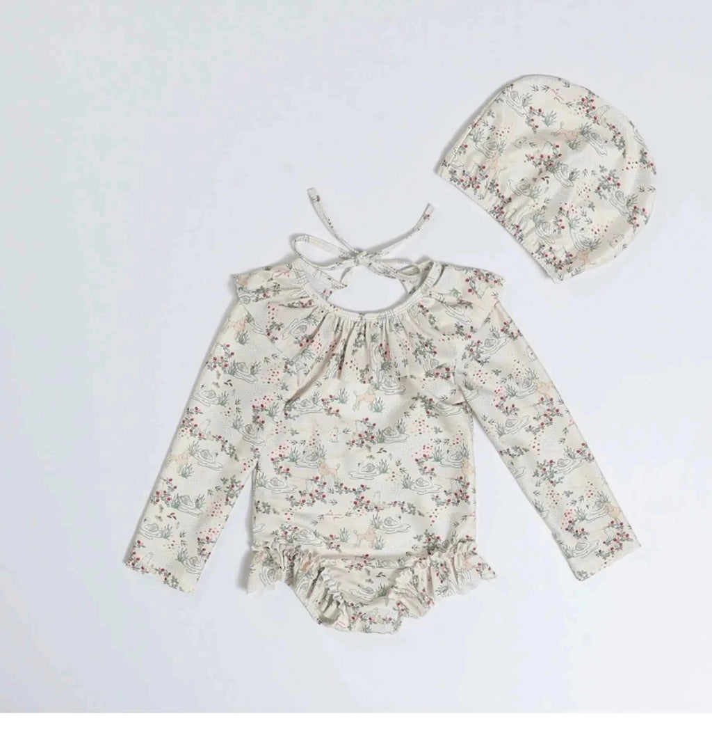Kids Swimwear for Girl New Summer Baby Girls Cute Cherry Floral Swimsuit Set Long Sleeves/Sling Sunscreen Swimsuit Bikini H503
