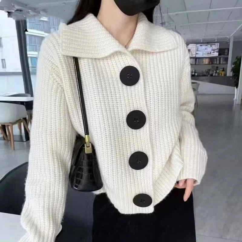 Temperament Fashion Sping Autumn New Sweaters Coats New Women Solid Lapel Button Korean Casual Long Sleeve Cardigan Knitted Tops