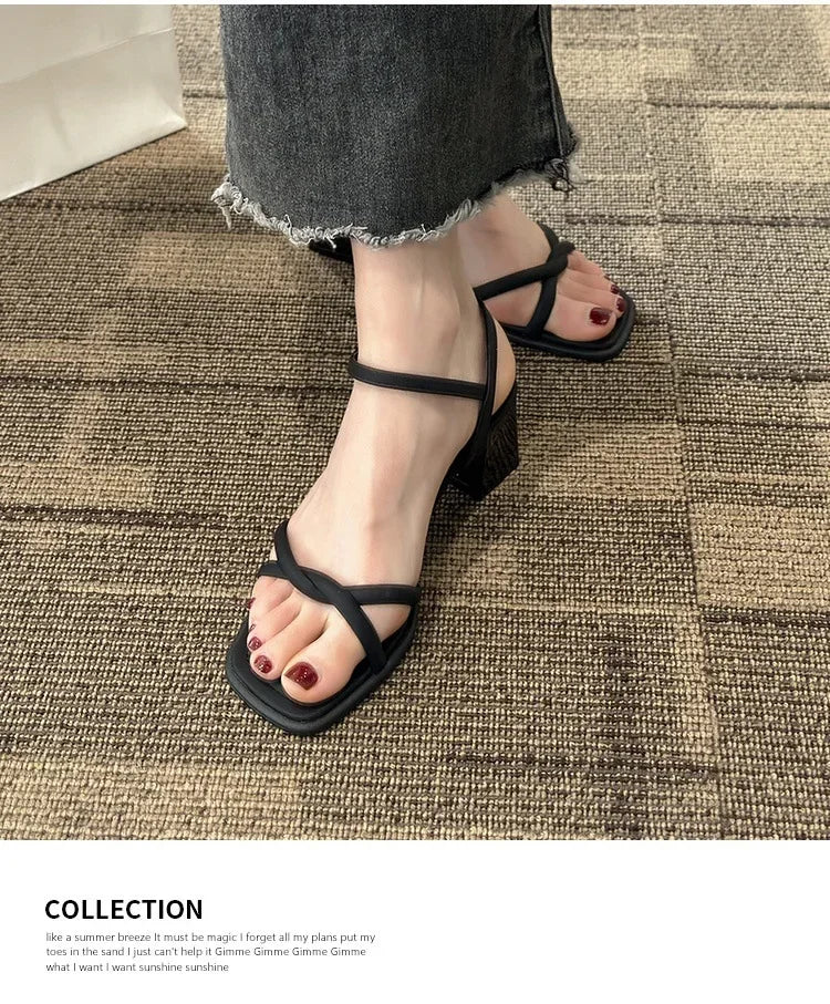 Sandals, 2025 Summer New Fashion Gentle Retro Chunky Non-slip Sandals, A Line with 5cm High Heels Summer Beach Sandals