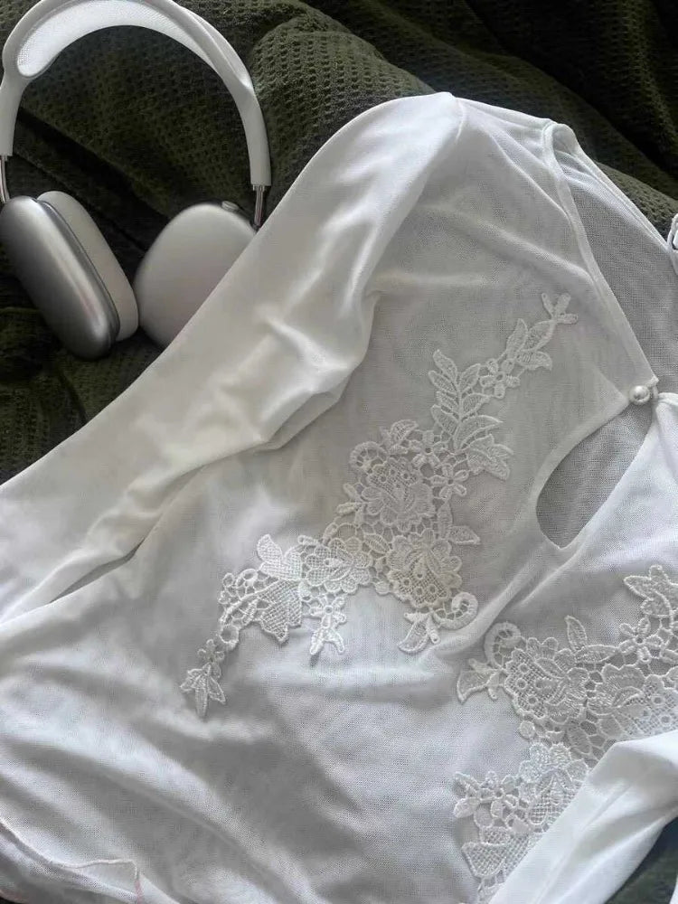 HOUZHOU Y2k Sexy White T-Shirts Women Coquette Mesh Embroidery Chinese Style Long Sleeve Tees Slim Hollow Out Solid Color Spring