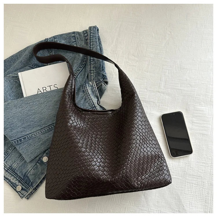 Women's Retro Artificial Leather Woven Pattern Shoulder Bag,Large Capacity Tote Bag,Casual Armpit Bag, Large Tote Bag,Daily Work