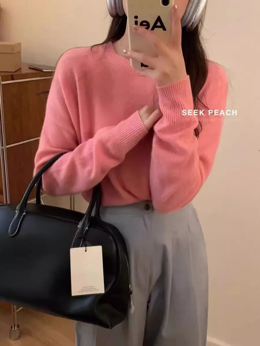 100% pure cashmere sweater women's round neck pullover long sleeve sweater loose short soft waxy knit bottom sweater