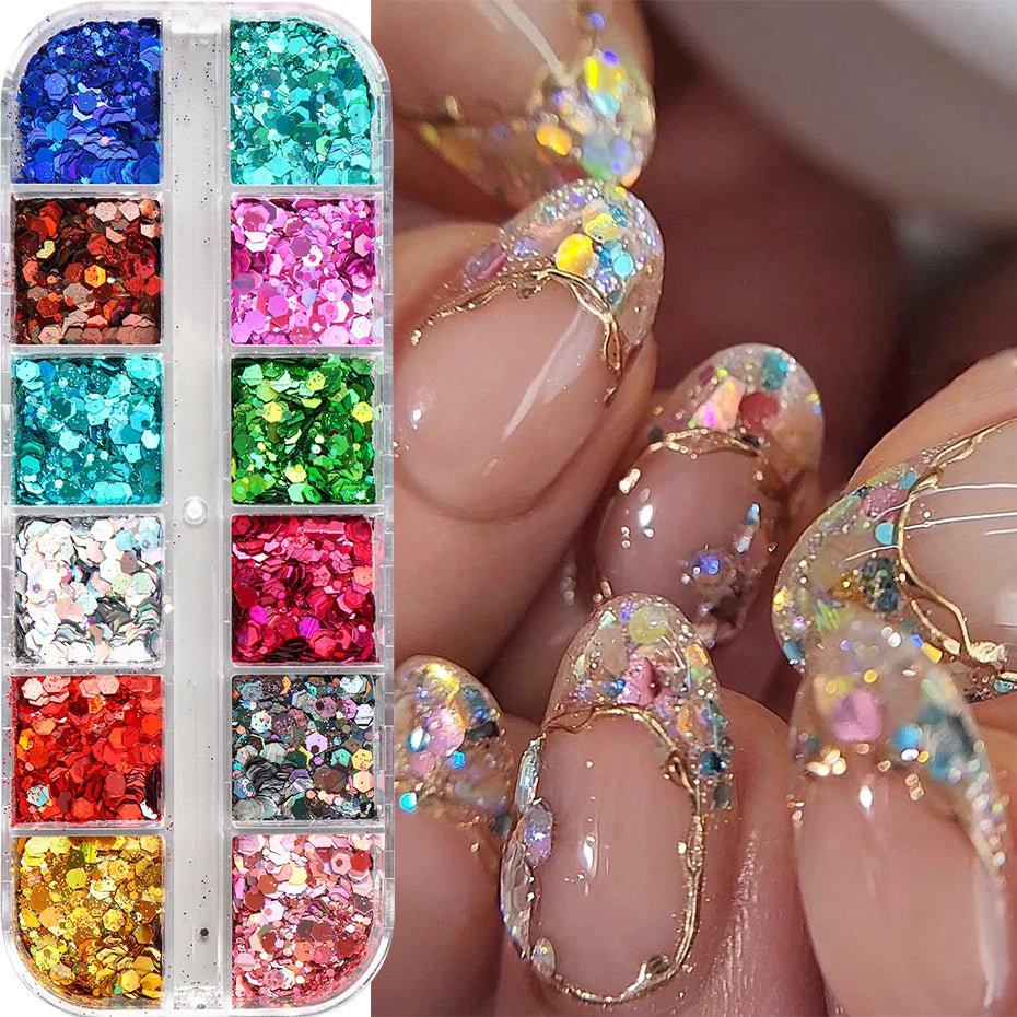 12 Colors Sparkly Holographic Nail Art Glitter Sequins Laser 3D Hexagon Flakes Nail Powder Makeup Nail Art Decorations Manicure