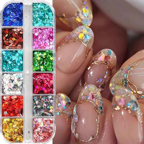 12 Colors Sparkly Holographic Nail Art Glitter Sequins Laser 3D Hexagon Flakes Nail Powder Makeup Nail Art Decorations Manicure