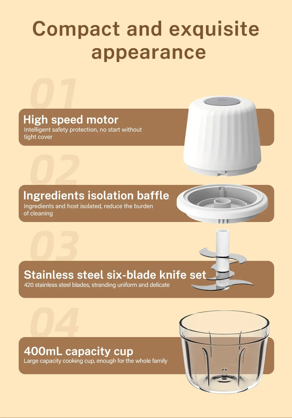 Portable Electric Garlic Mincer 400ML with 6 Blades - USB Charging Mini Vegetable Chopper for Home Cooking & Picnics
