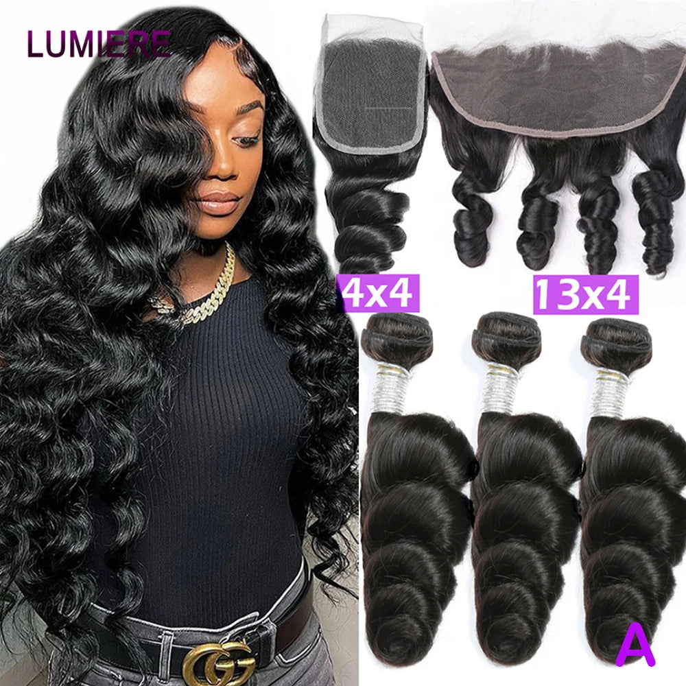 Loose Deep Wave Bundle With Closure Frontal HD Transparent Lace And Closure Virgin Raw Curly Human Hair Bundle Deal Hair Extensi