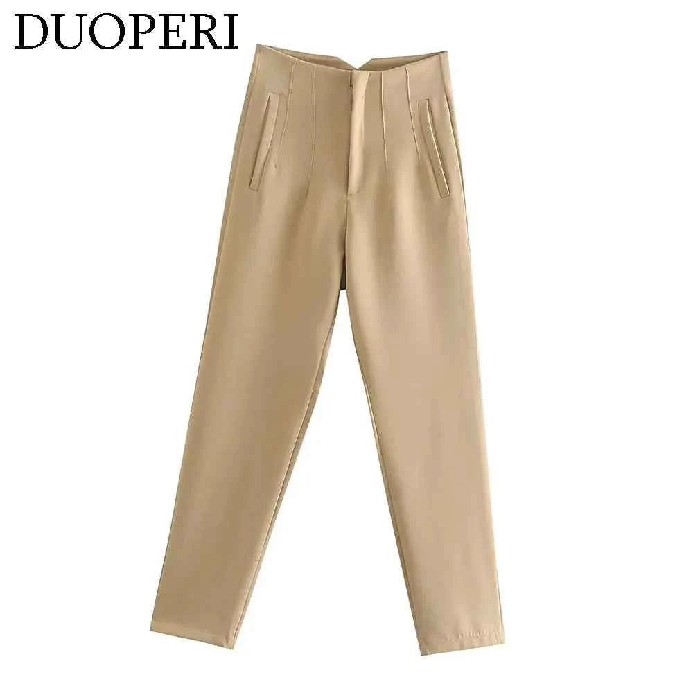 DUOPERI Women Fashion Solid Basic High Waist Trousers Chic Female Office Lady Casual Business Workwear Long Pant