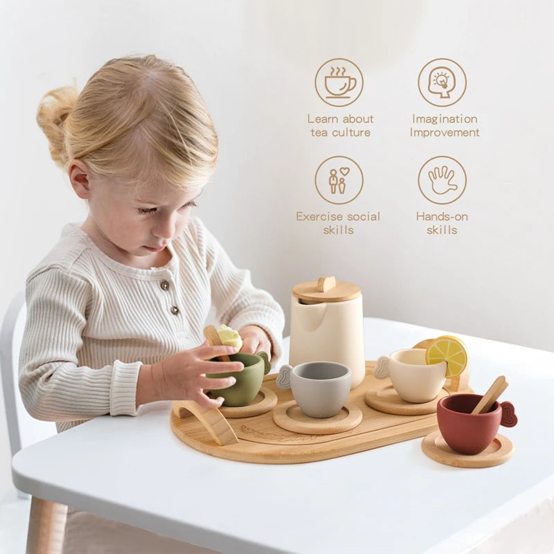 Baby Play Set 9pc Afternoon Tea Set Children's Play House Toy Afternoon Tea Set Pot Food Grade Silicone Toys for Girl Gifts