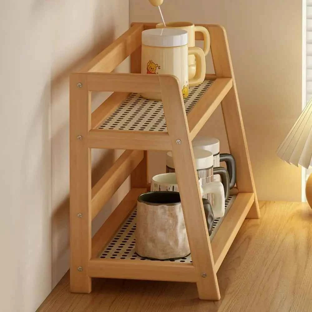 Wooden Storage Shelf for Kitchen Rattan Desktop Organizer Display Rack Spice Rack for Countertop Makeup Organizer