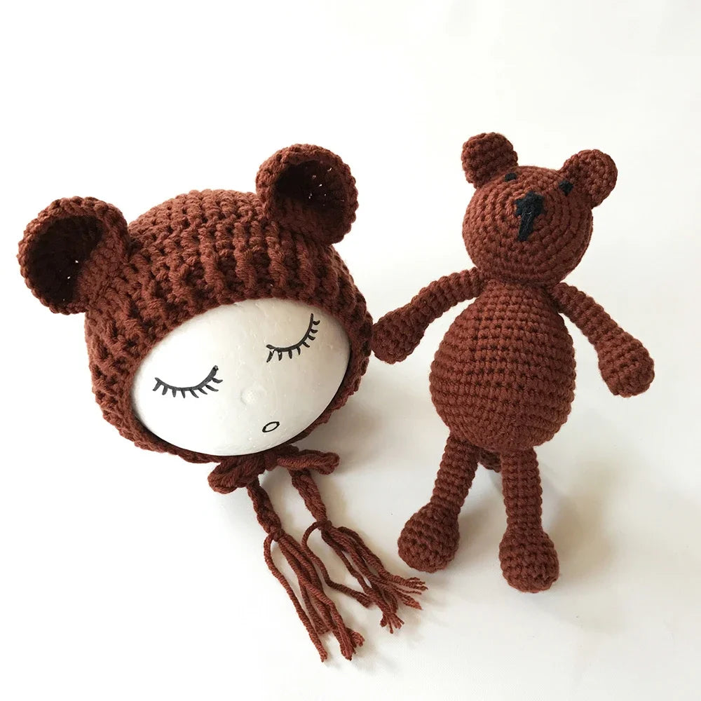 Newborn Photography Props Baby Bear Caps Rabbit Dolls Girls Boy Infant Baby Crochet Knitted Hat Photoshoot Accessories
