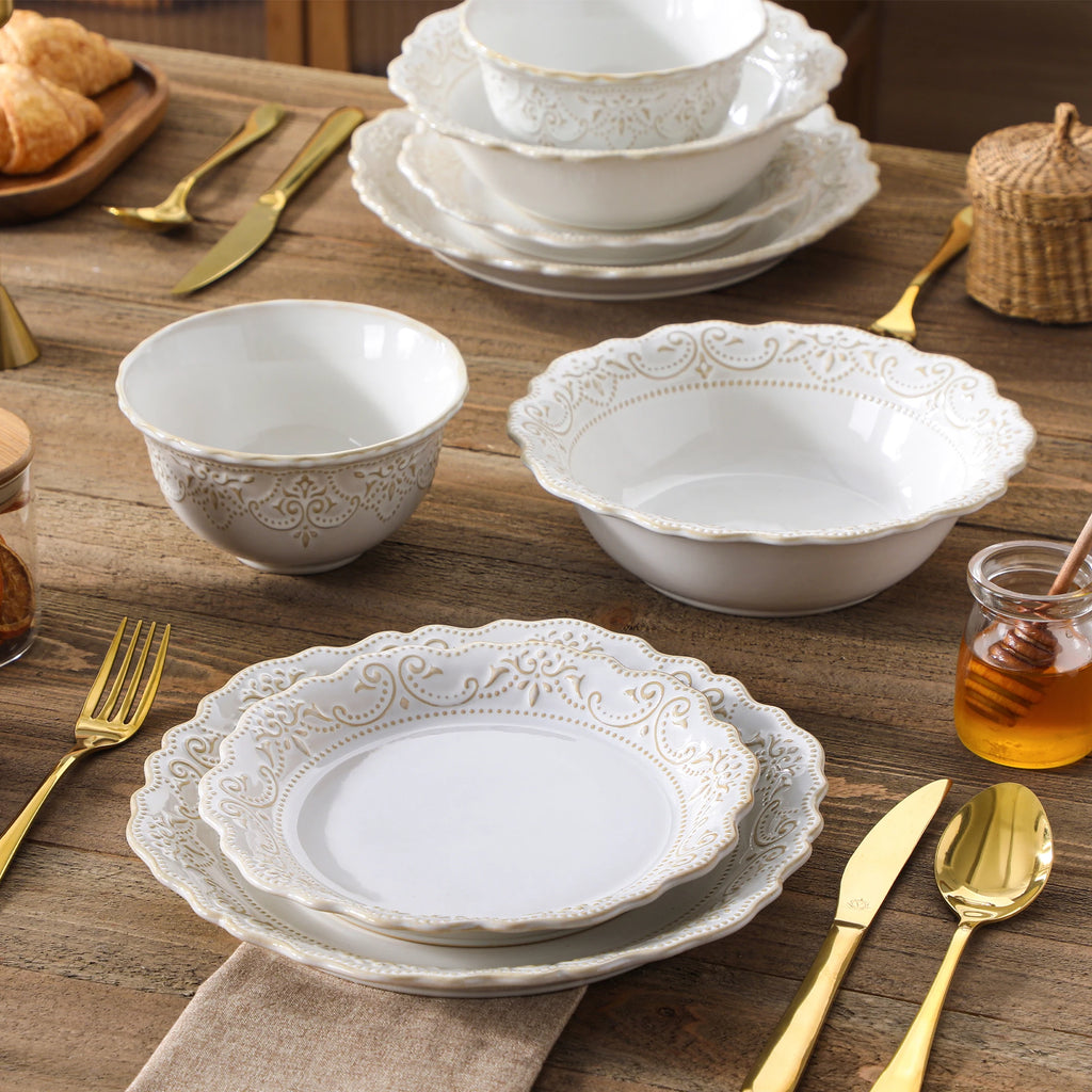 MALACASA 16/32 Piece Plates Dinner Sets Relief White Stoneware Dinnerware Set with 4 PCS Dinner Plate/Dessert/Cereal Bowl/Soup