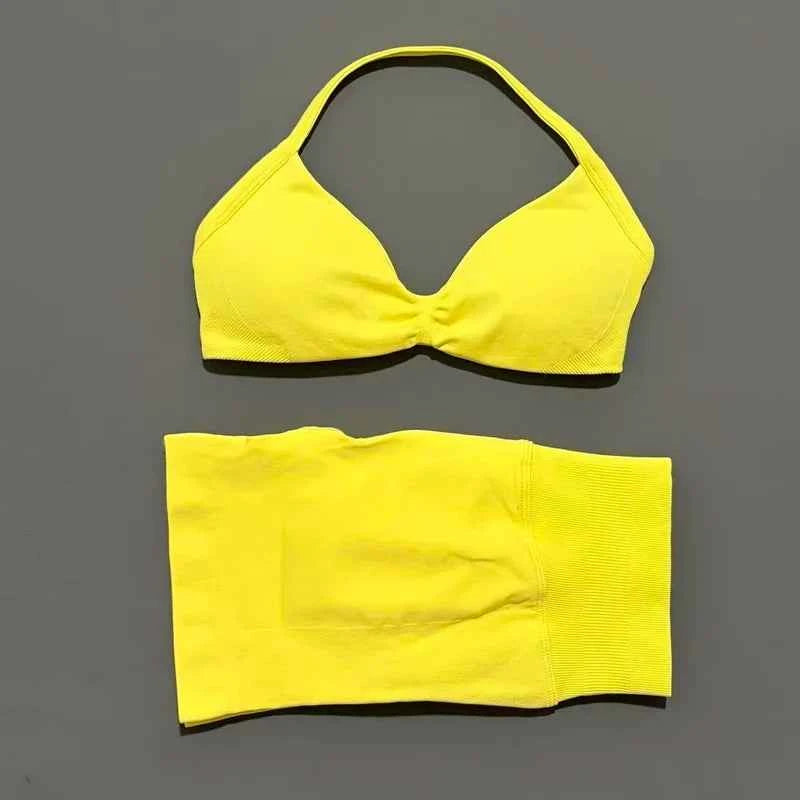 HISTELLO Gym Set 2 Piece Women Strappy Yoga Bra Top Workout Scrunch Shorts Sports Suit Fitness Clothes Seamless Yoga Set