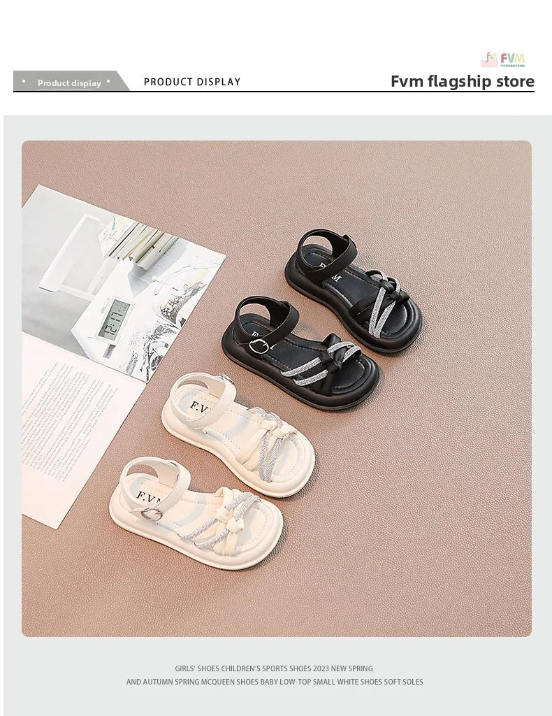 2026Summer Princess Girls Sandals Summer Children Beach Shoes Girls Open-toed Sandals Soft PU Leather Flat Kids Sandals For Girl