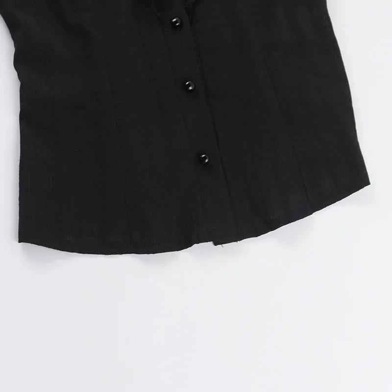 Sweet Lolita Cotton Shirts Women Vintage Gothic Black White Jacquard Short Sleeve Blouses Elegant Office Lady Y2k Tops