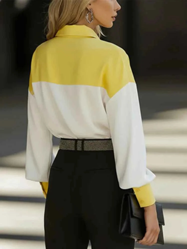 Women Shirt Blouse Long Sleeve Turn Down Collar Button Color Block Patchwork Casual Female Office Tops Trendy Work Shirt