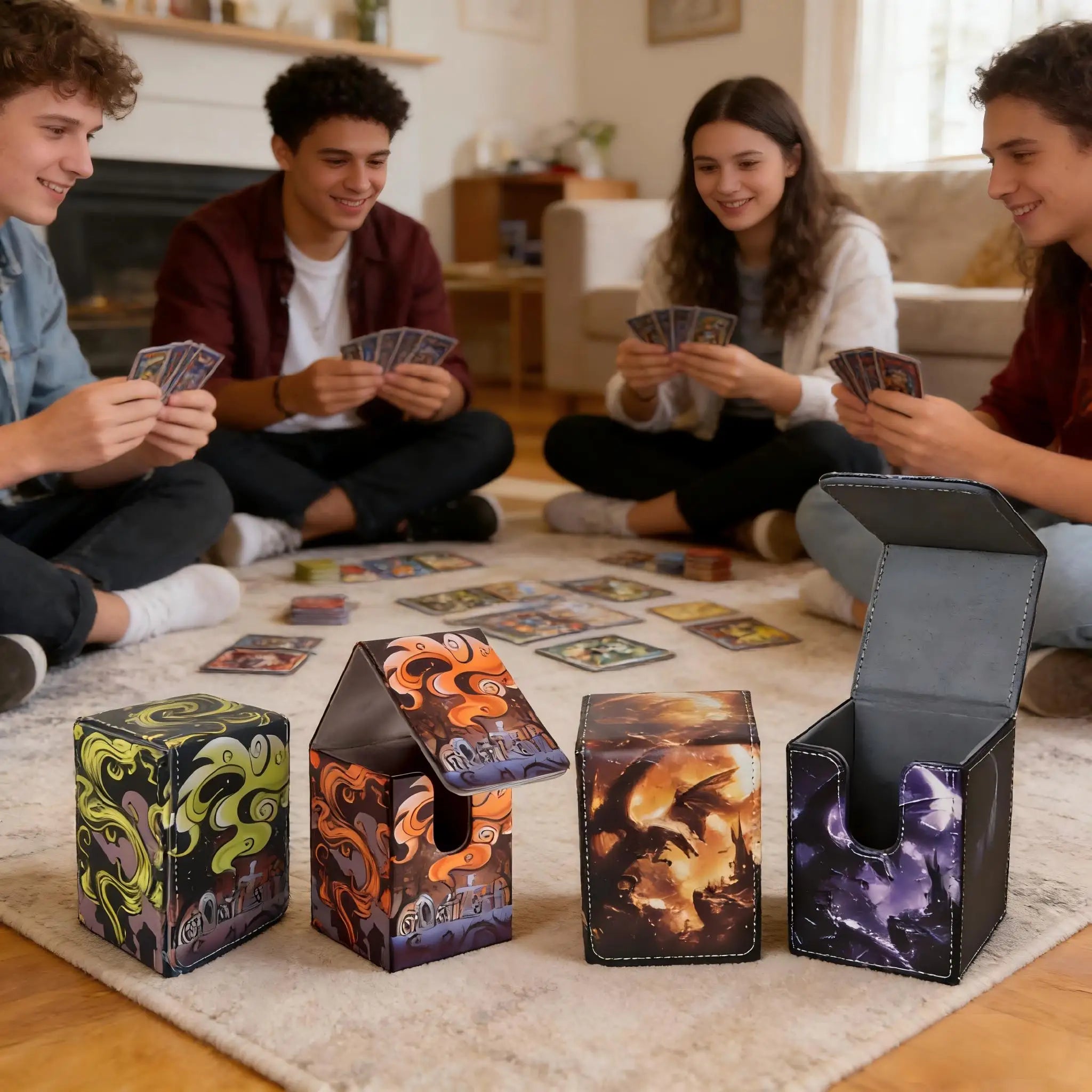 Premium Pu Leather Card Box Compatible with Mtg Cards - Can Hold More Than 100 Single Set Cards, Trading Card Storage Box Suitable for Tcg/Ptcg/Ygo Cards, Sports Card Holder with 2 Dividers, 4 Designs to Choose From, Card Org