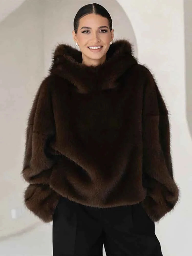 Women Solid Faux Fur Hooded Pullover Casual Full Sleeve Warm Loose Thick Tops Lady New Daily Chic Elegant Winter Outwear 2025
