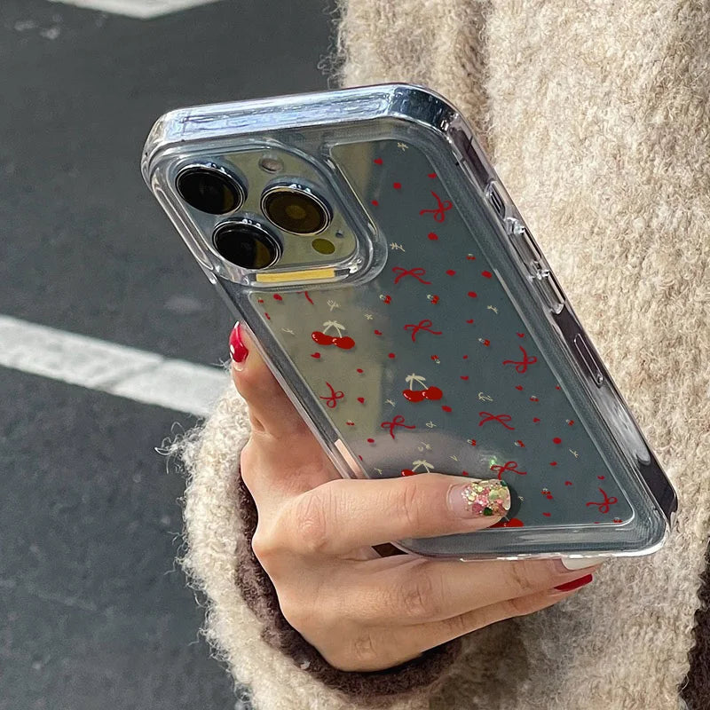 Cute Bow Cherry Phone Case For iPhone 16 Pro Case iPhone 15 13 17 11 12 14 Pro Max 16E XR XS 7 8 Plus SE Shockproof Clear Cover